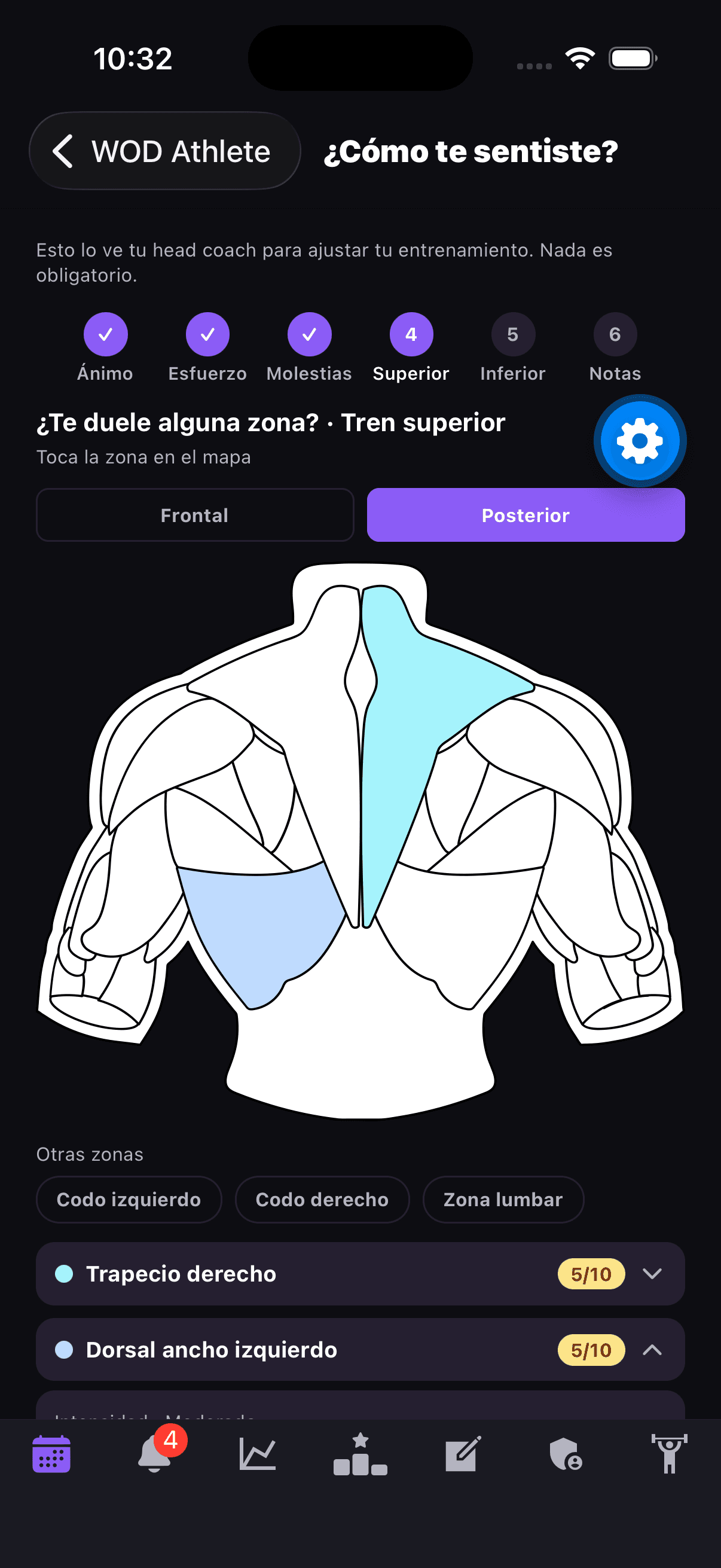 Check-in de dolor por zona corporal — vista del atleta